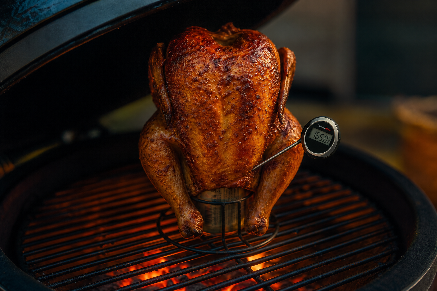 A golden roasted beer can chicken cooking upright inside a charcoal grill with glowing embers