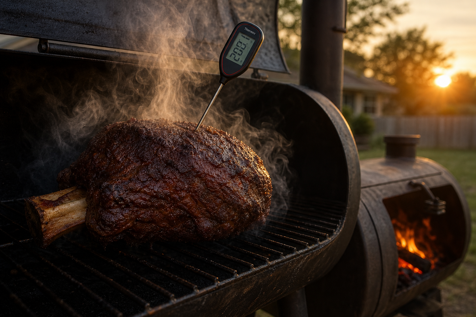 Large roast cooking on smoker grates with a probe thermometer inserted and thin smoke rising around it