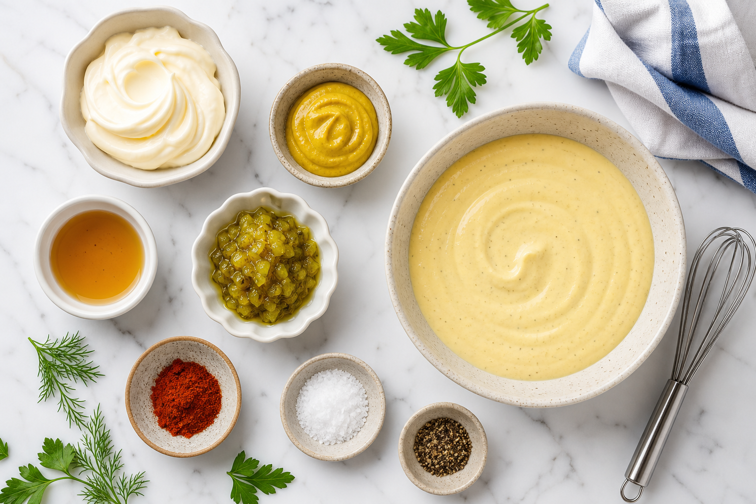 Overhead view of Southern potato salad dressing ingredients in small bowls on a marble surface
