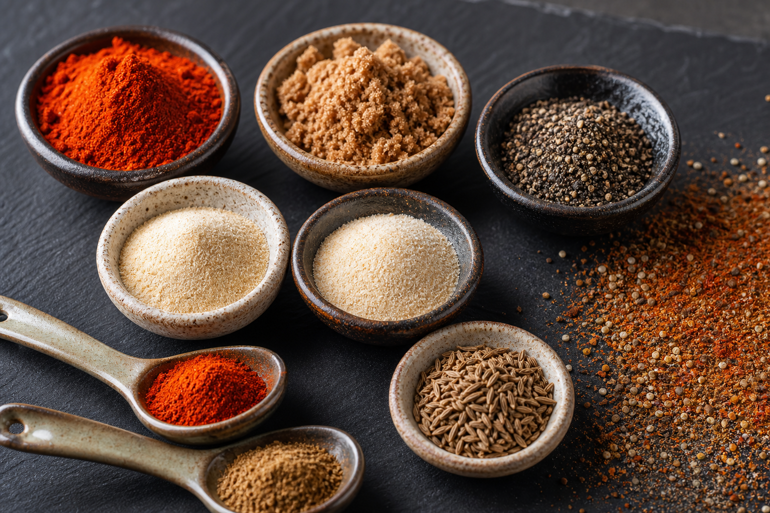 Assorted spices in small bowls arranged for a dry rub recipe