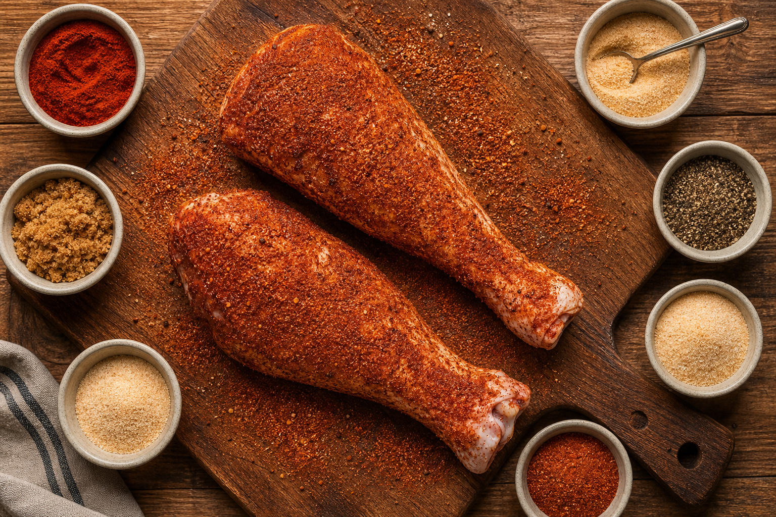 Turkey legs coated in dry rub surrounded by small bowls of individual spices on a wooden board
