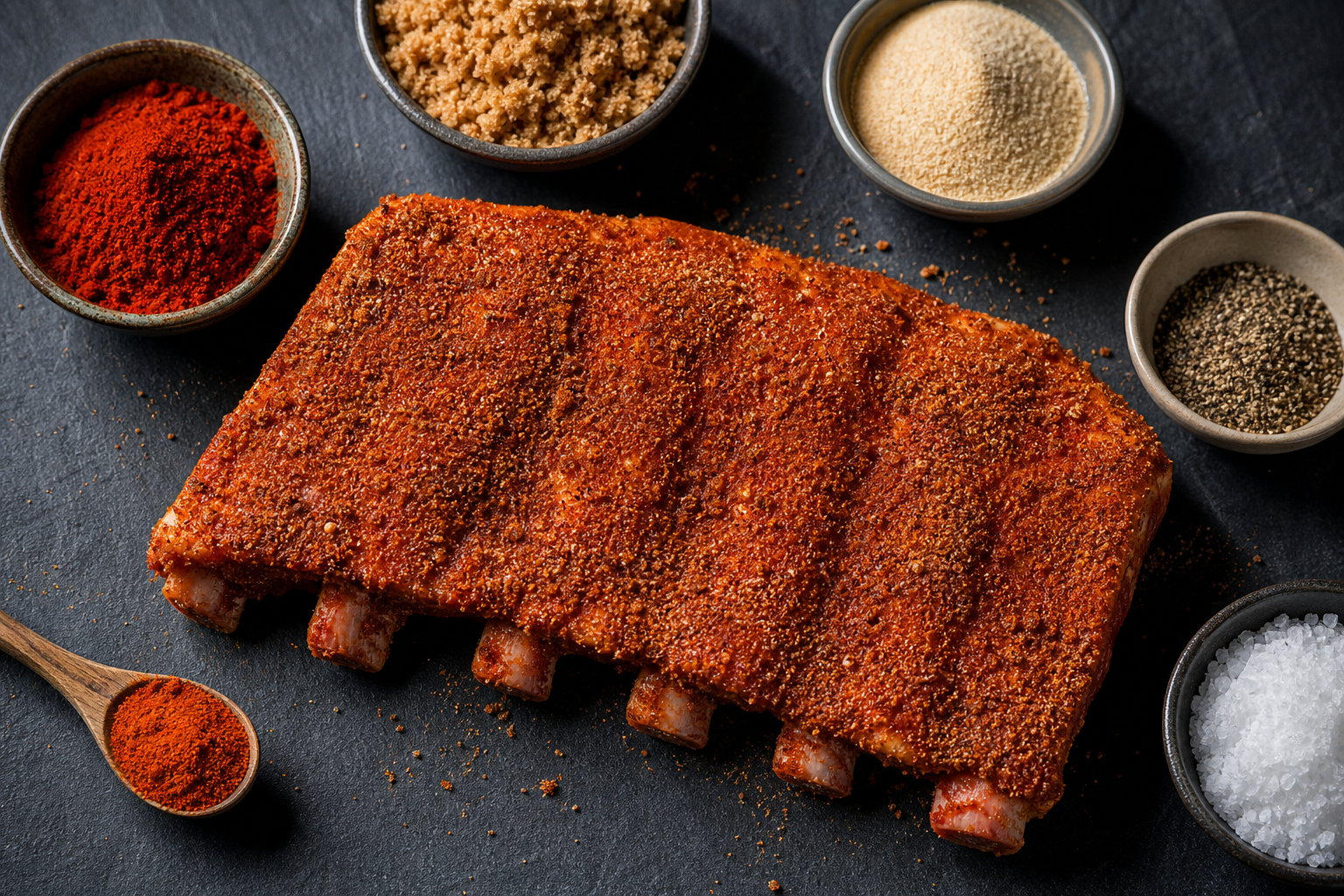 How to Cook Country-Style Ribs So They're Tender, Not Tough 12 Dry rub spices in small bowls surrounding country-style ribs coated in seasoning blend