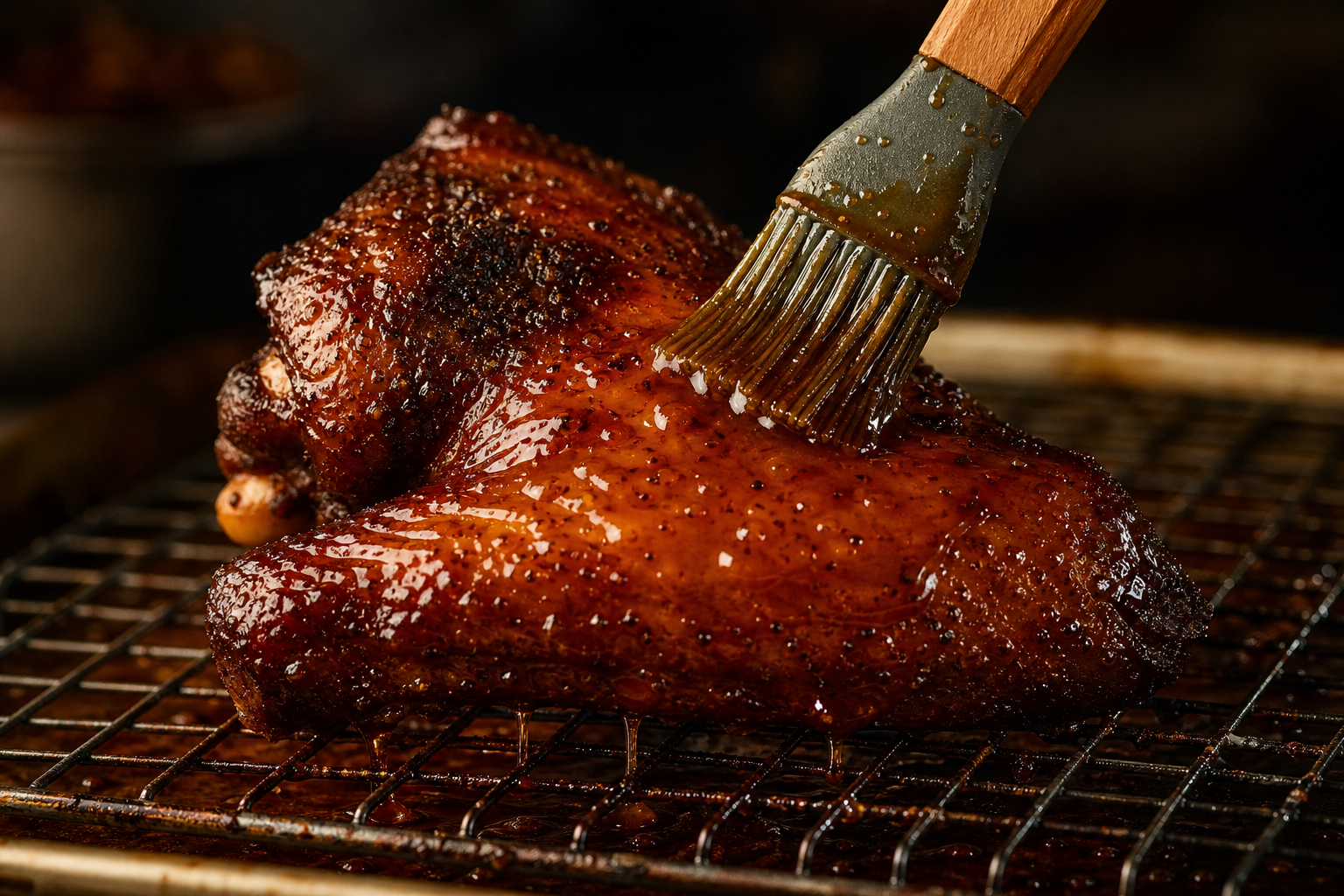 Glazed smoked turkey wing being basted with a shiny amber fair-style glaze