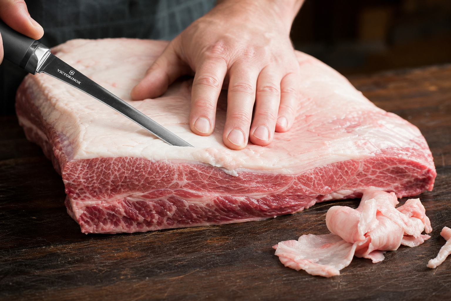 Close-up of a brisket fat cap being trimmed with a sharp knife on a cutting board