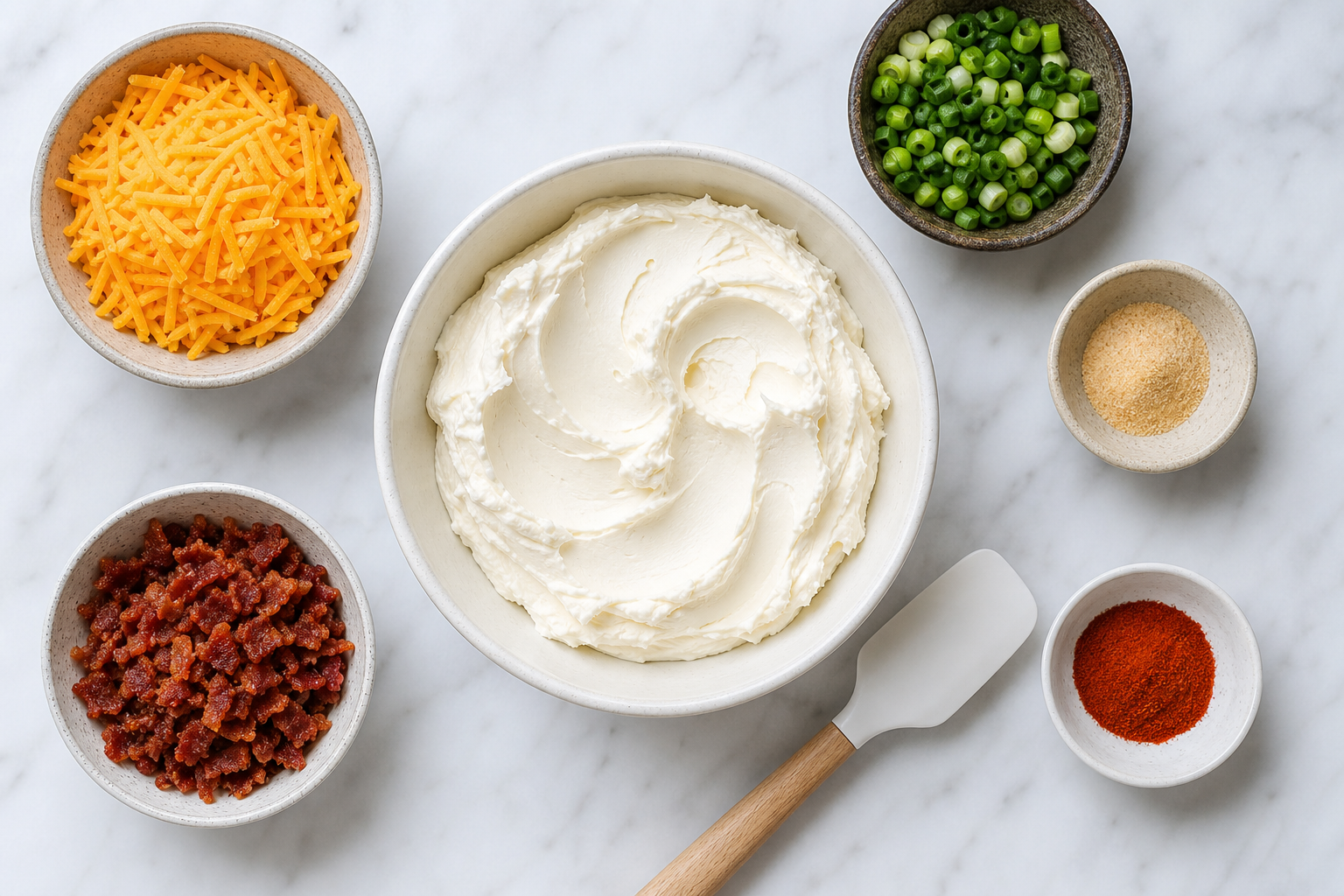 Cream cheese and assorted filling ingredients arranged on a marble surface