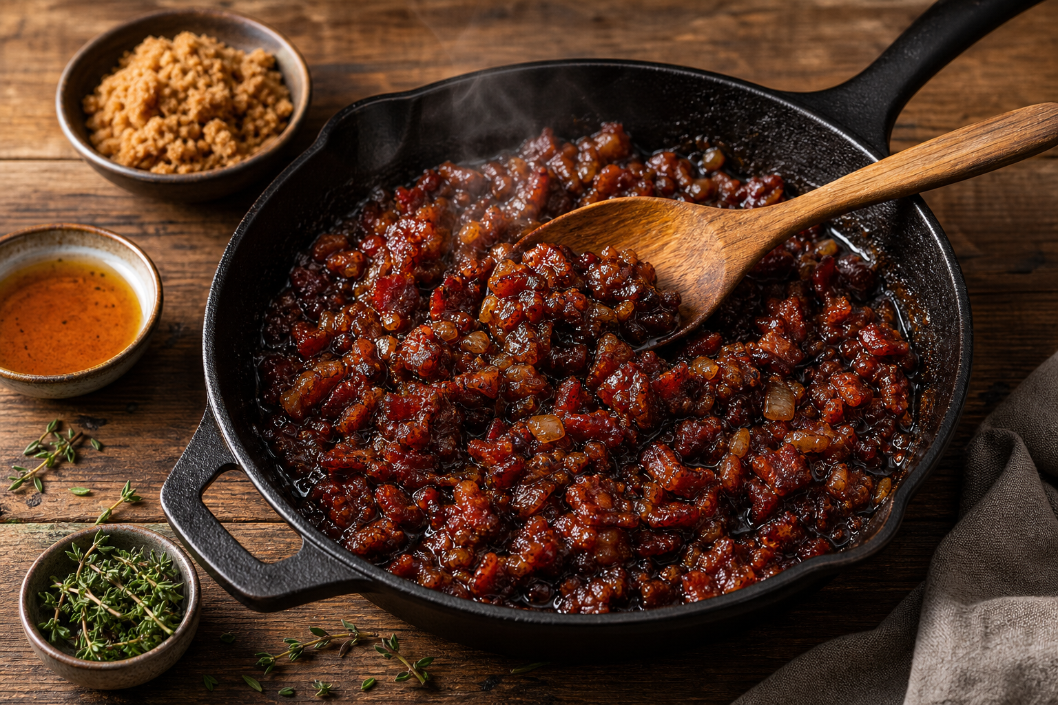 Caramelized bacon jam cooking in a cast iron skillet