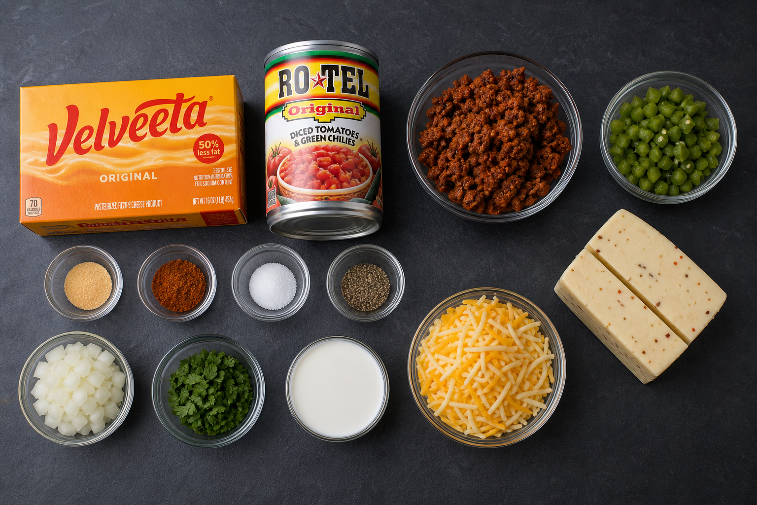 All smoked queso dip ingredients laid out flat on a dark slate surface