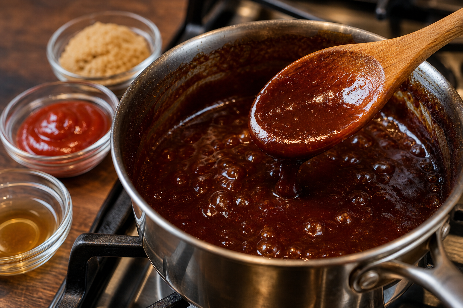 Smoked BBQ Meatballs: A Cheap Party Bite 11 Thick glossy BBQ glaze bubbling in a saucepan being stirred with a wooden spoon