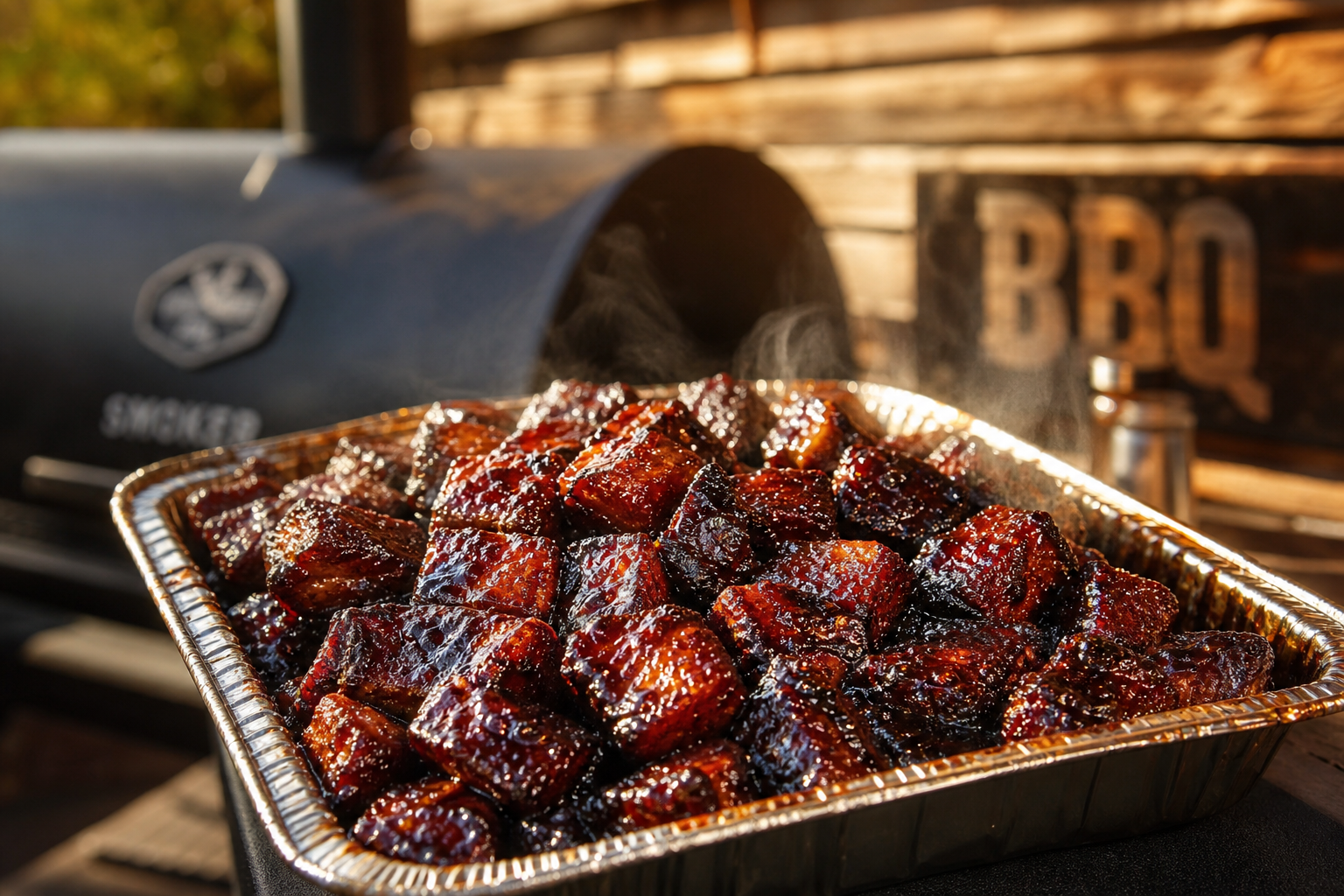 Glazed beef belly burnt ends glistening in a cast iron pan fresh from the smoker