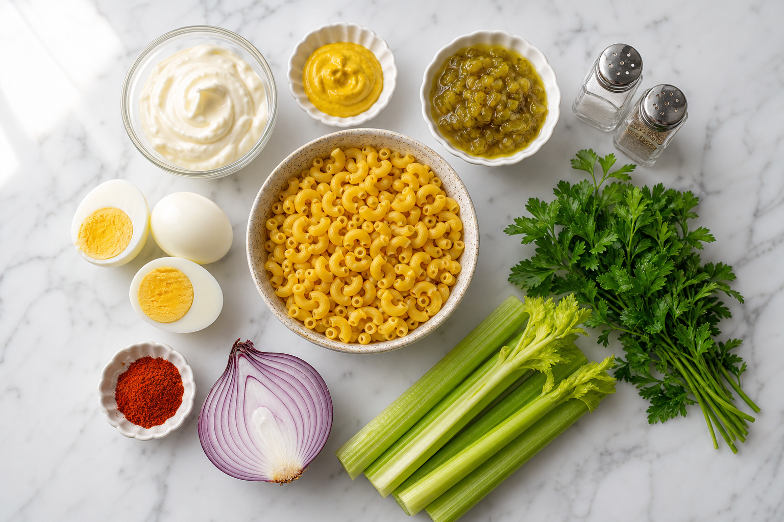 Flat lay of macaroni salad ingredients on a white marble surface