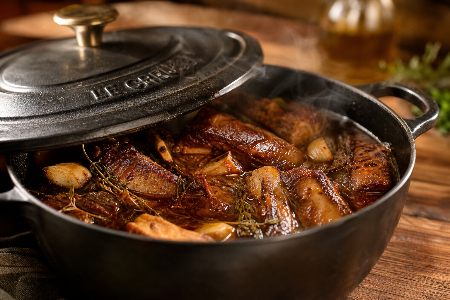 How to Cook Country-Style Ribs So They're Tender, Not Tough 10 Country-style ribs braising in a cast iron Dutch oven with rich sauce and rising steam