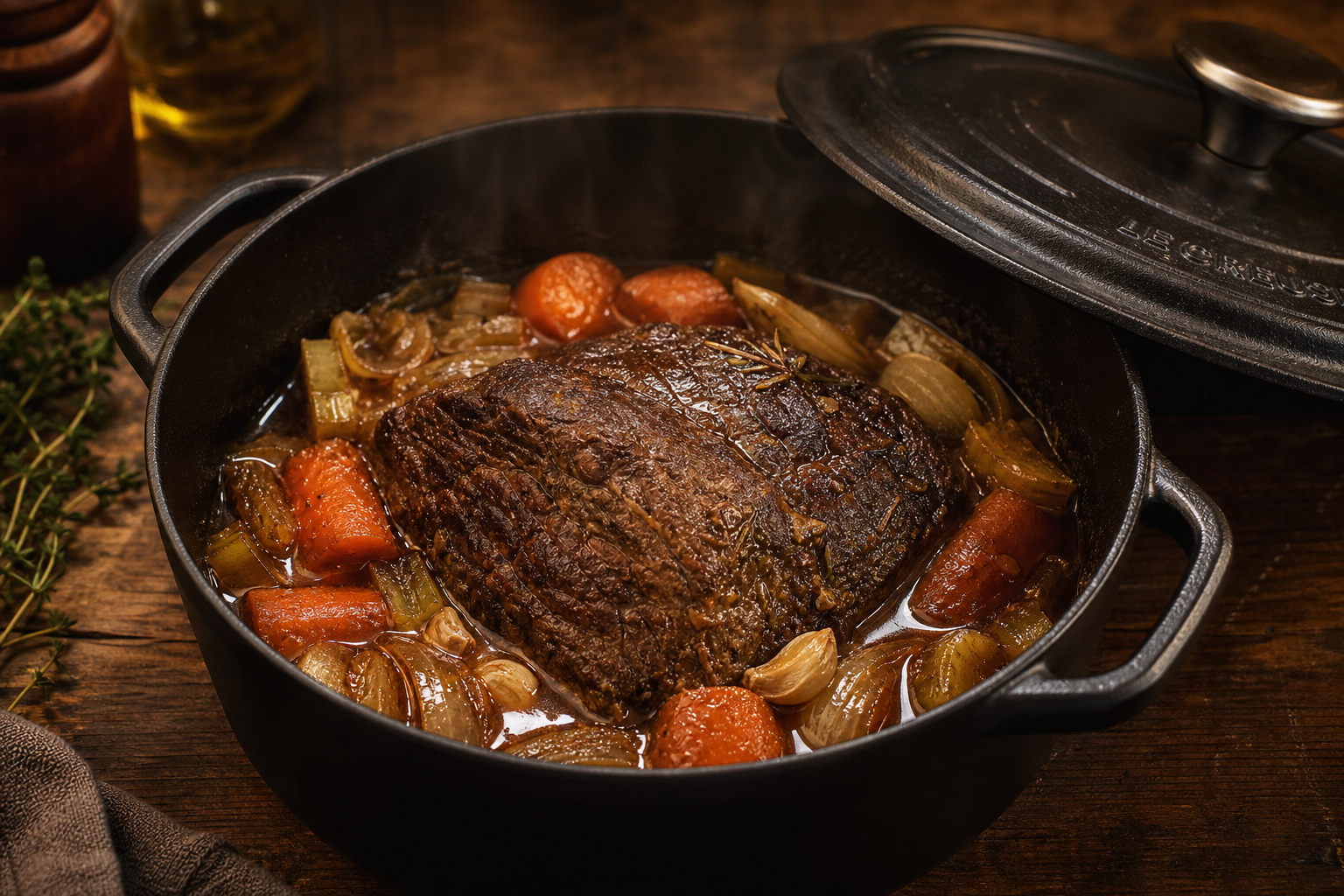 Bottom round roast braising in a cast iron Dutch oven with vegetables and rich broth