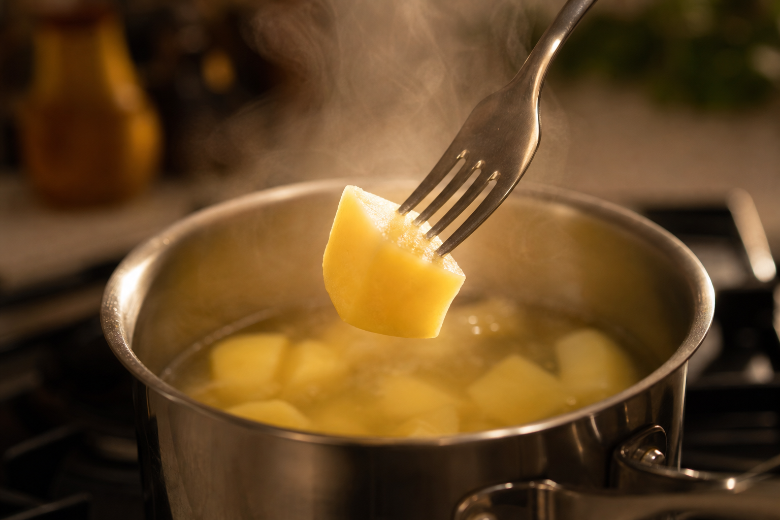 A fork testing the doneness of a potato cube in a pot of boiling water