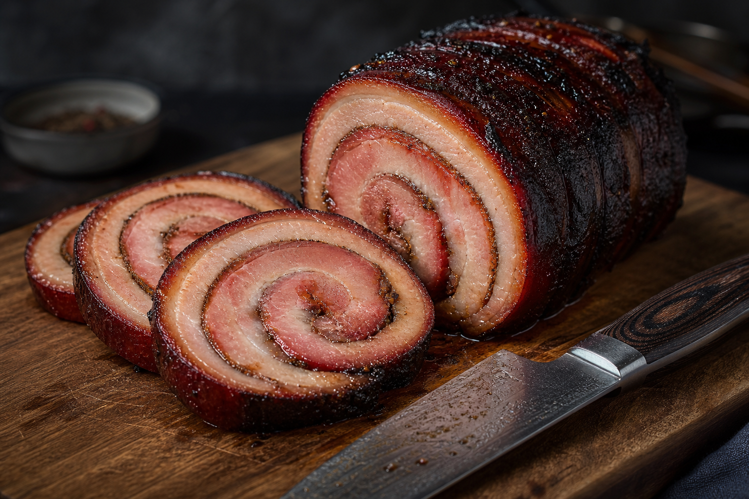 Sliced smoked pork belly pinwheels on a cutting board showing smoke ring and spiral layers
