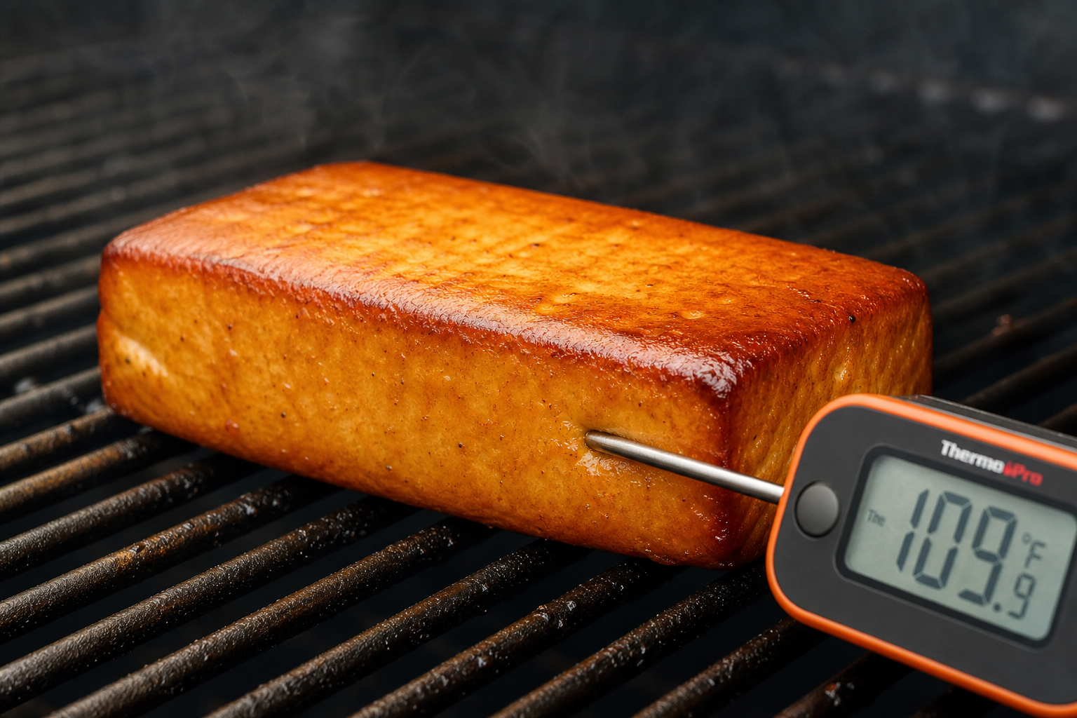 Why Your Smoked Cream Cheese Cracks and How to Fix It 9 Thermometer probe near a perfectly smoked cream cheese block on a smoker grate