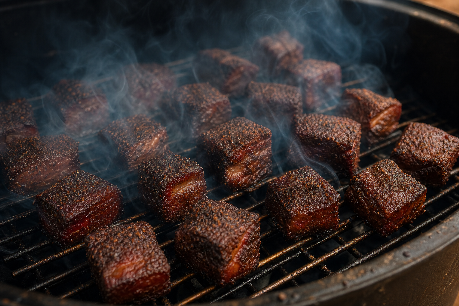 Rub-coated beef belly cubes smoking on grill grates inside a smoker