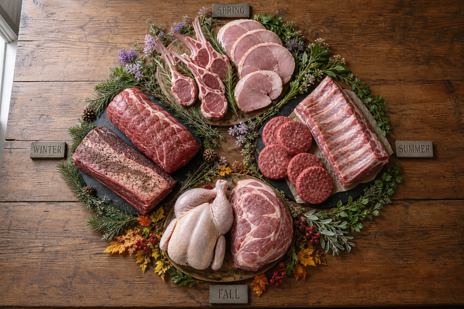 How to Read Meat Sale Cycles and Time Your Stock-Up 9 Four seasonal meat cuts arranged in a circular flat lay representing a year-round buying calendar