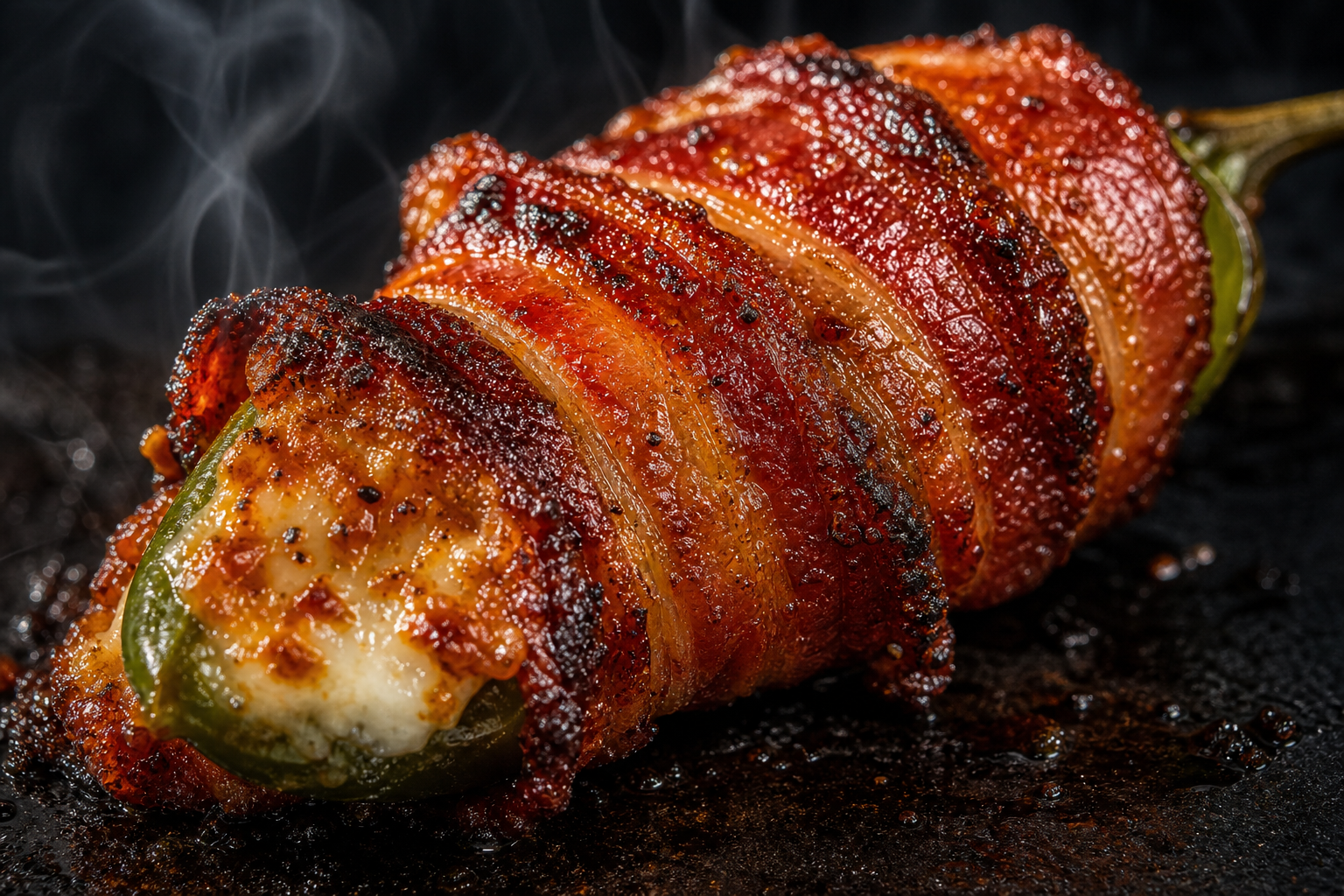 Close-up of a jalapeño popper with perfectly crispy caramelized bacon wrapping