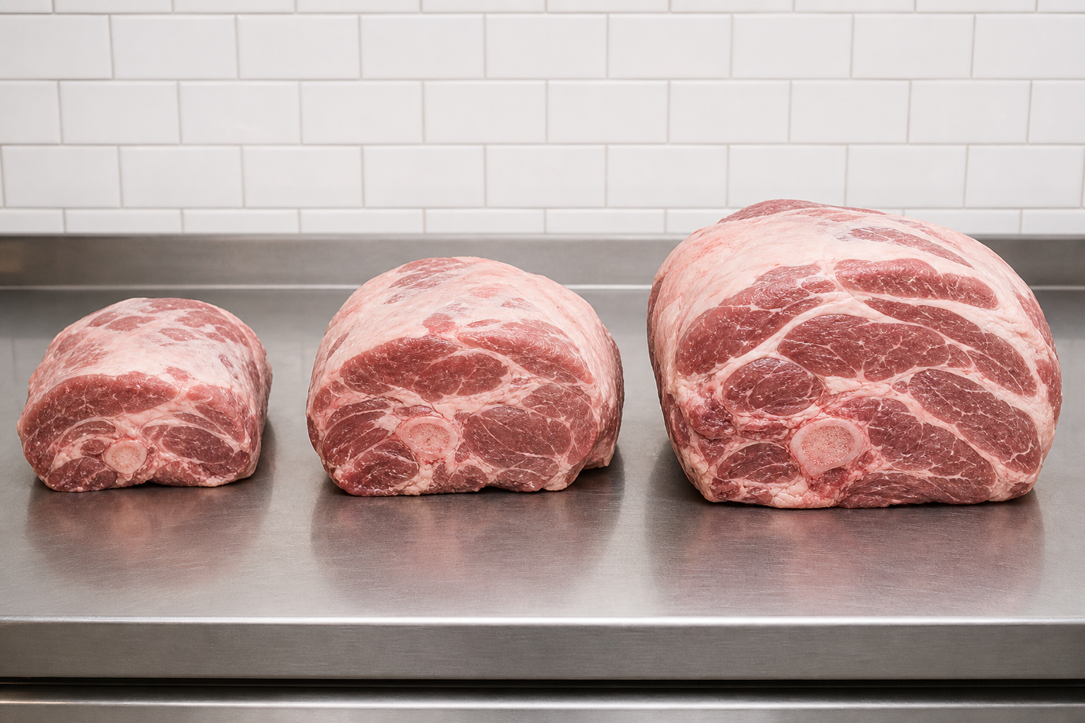How to Choose a Pork Shoulder for the Best Pulled Pork Value 10 Three pork shoulder cuts of different sizes arranged side by side showing small, medium, and large options