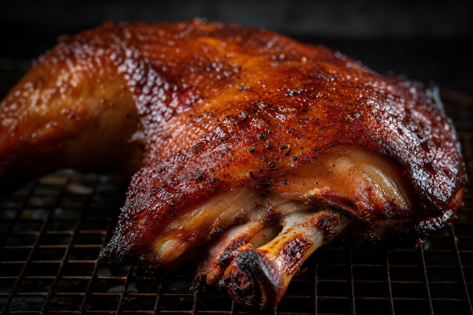 Close-up of smoked chicken leg quarter with crispy mahogany skin on a wire rack