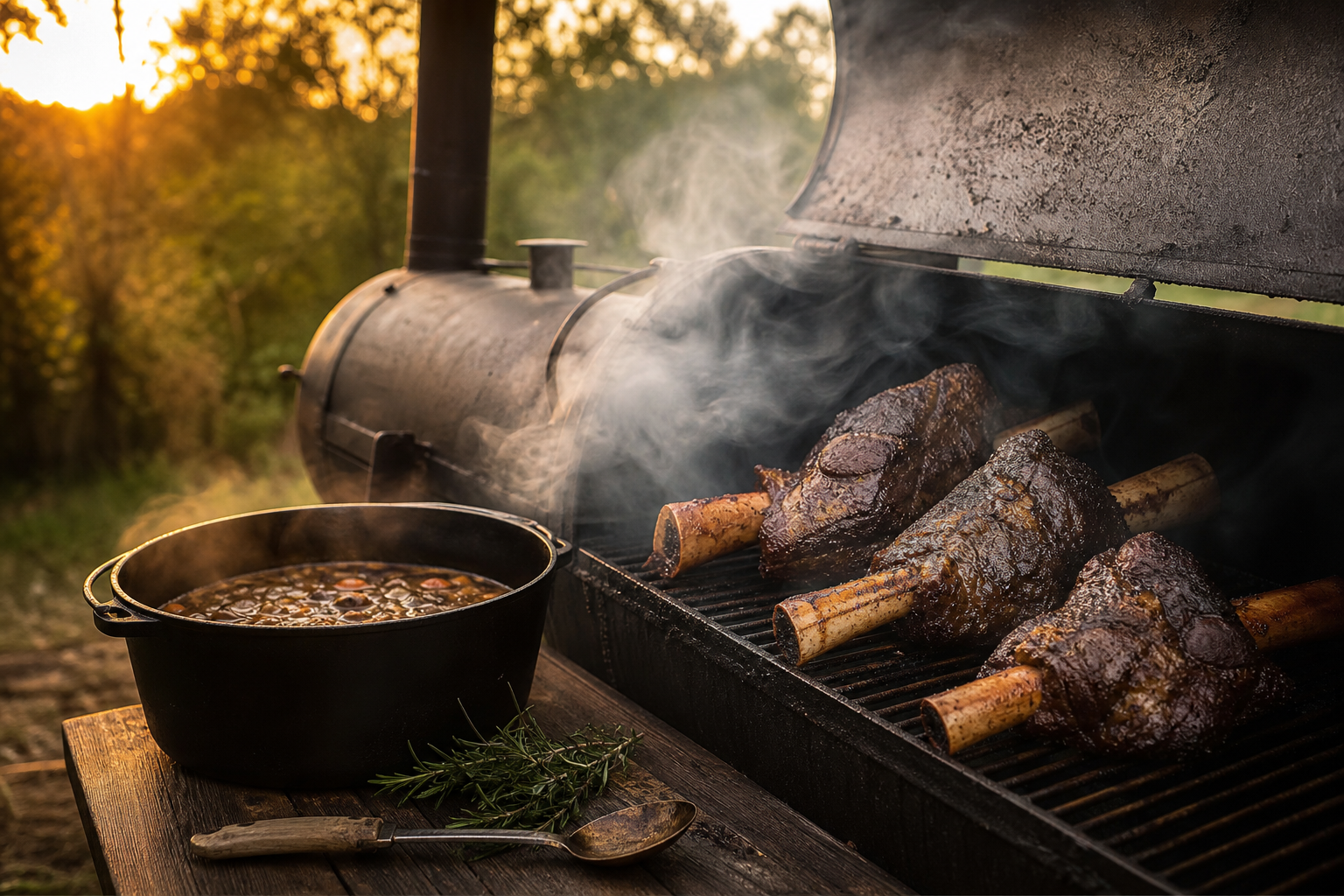 Beef shanks smoking on an offset smoker with a Dutch oven of braising liquid nearby