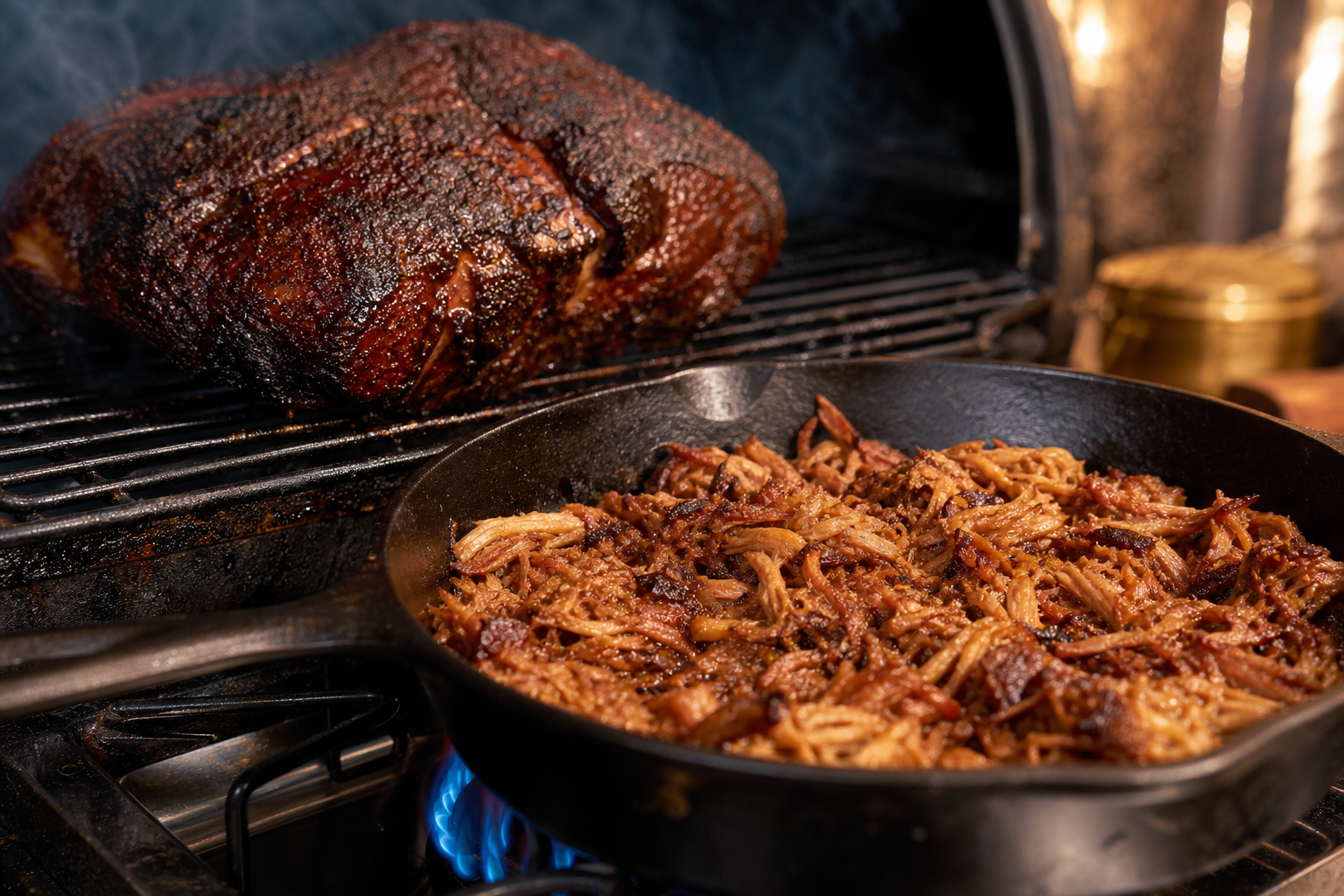 Smoked Pork Carnitas From a Cheap Pork Shoulder 8 Smoked pork shoulder on a smoker grate next to a cast iron skillet crisping carnitas