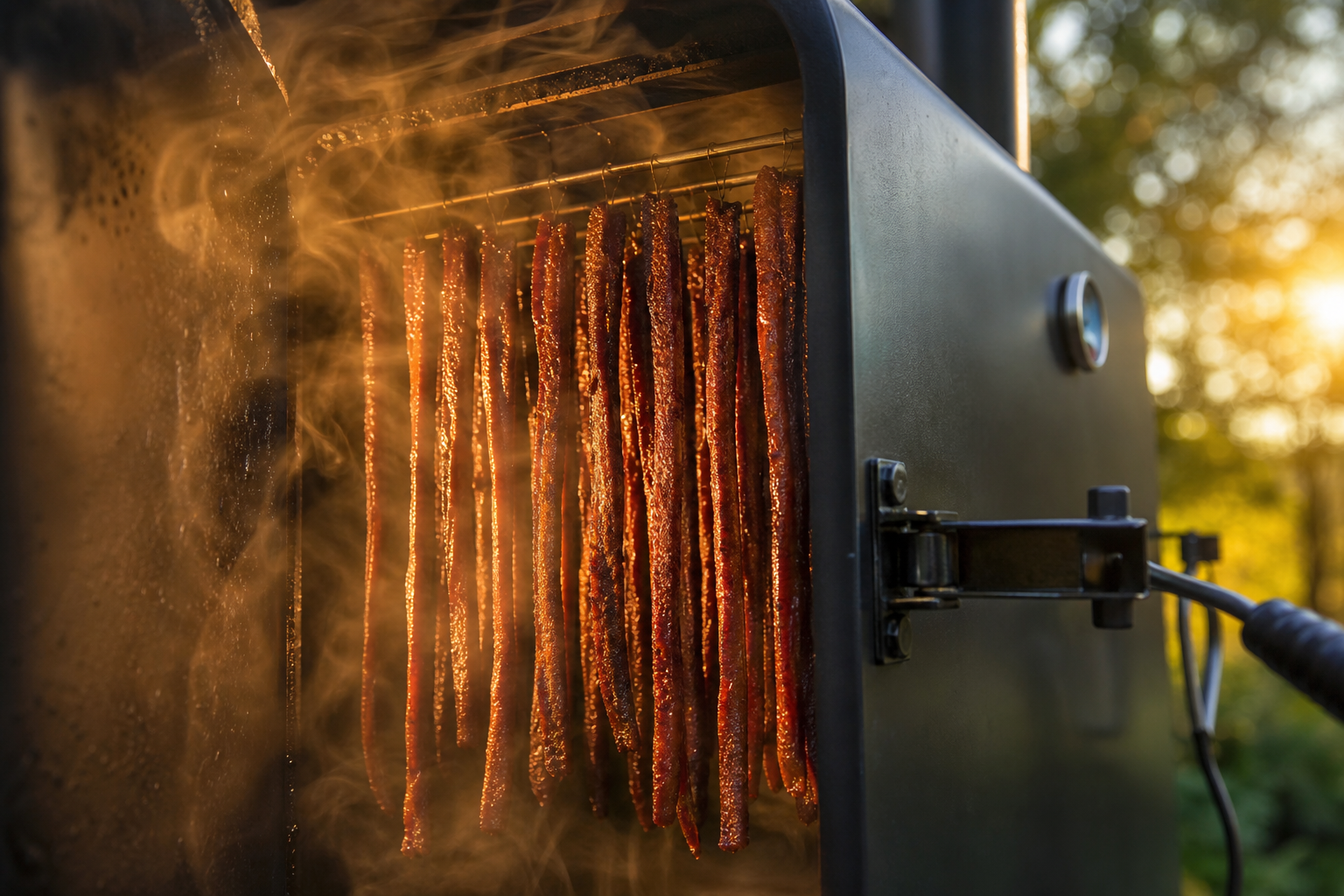 How to Make Snack Sticks From Cheap Ground Meat 13 Snack sticks hanging inside a smoker surrounded by wood smoke developing a rich mahogany color