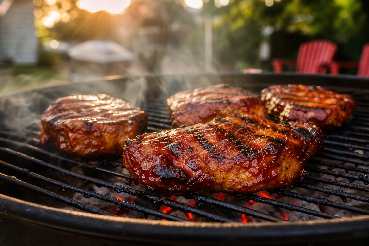 Pork steaks basted in barbecue sauce cooking on a charcoal grill with smoke and grill marks