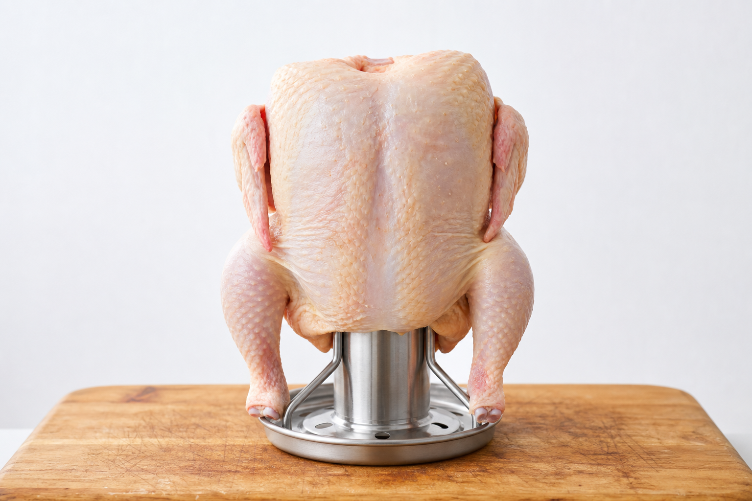 A raw whole chicken mounted upright on a stainless steel beer can chicken stand