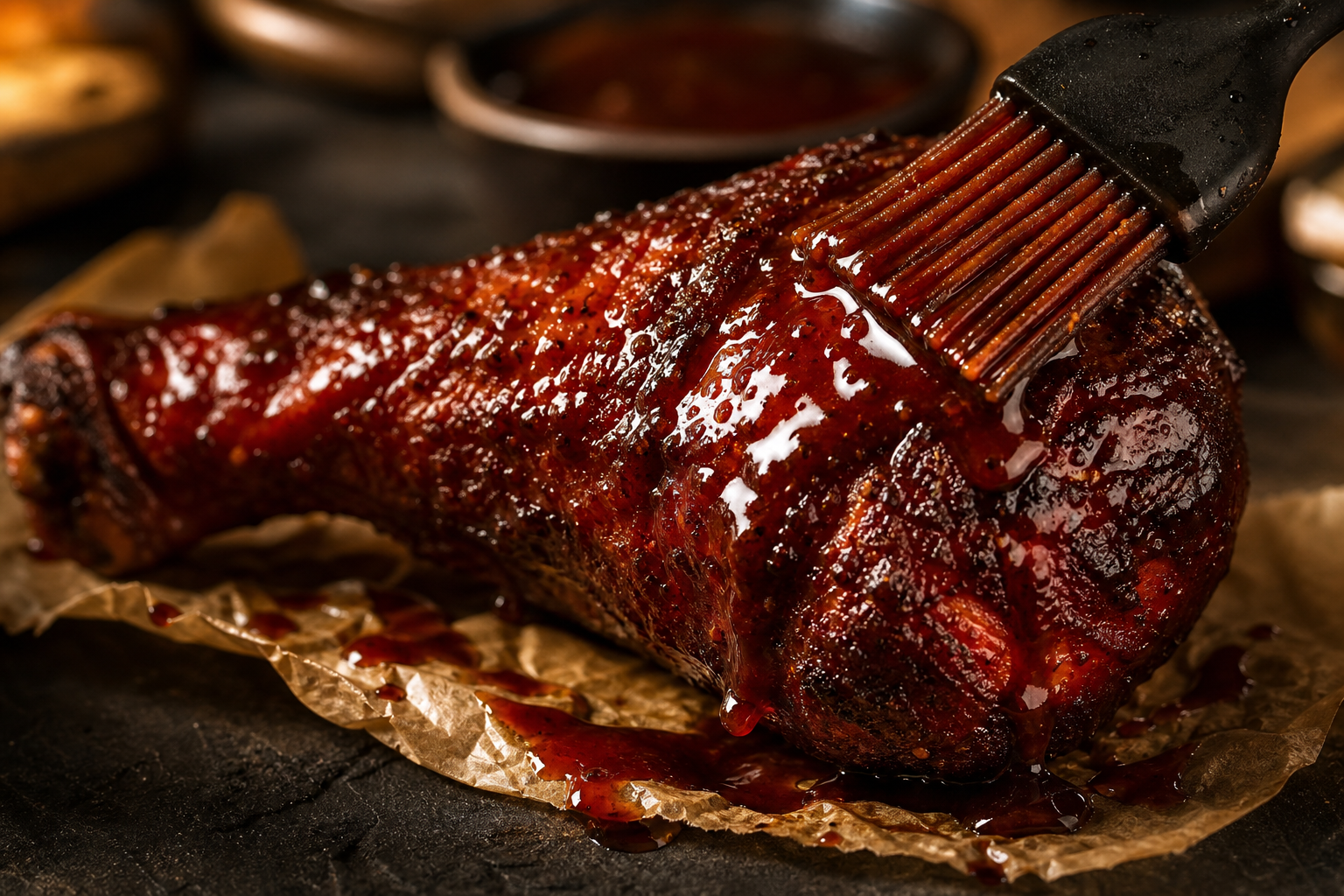 A silicone brush applying shiny BBQ glaze onto a smoked turkey leg on butcher paper