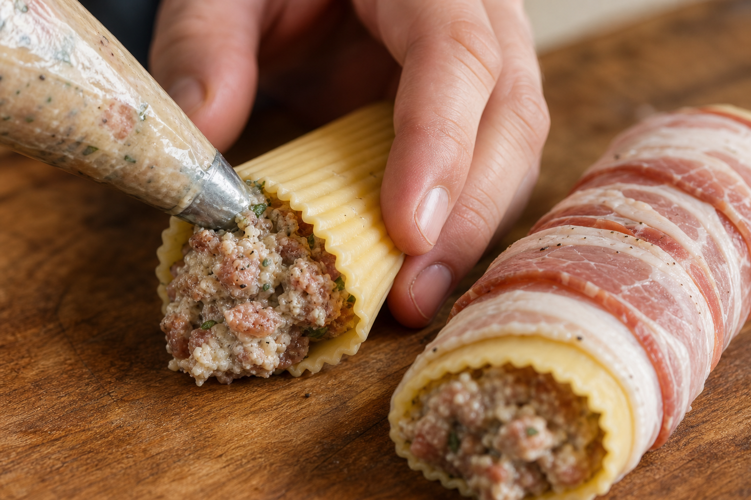 Smoked Shotgun Shells: A Cheap Crowd-Pleasing BBQ Snack 9 Hands stuffing a manicotti pasta tube with sausage and cheese filling, with a bacon-wrapped tube nearby
