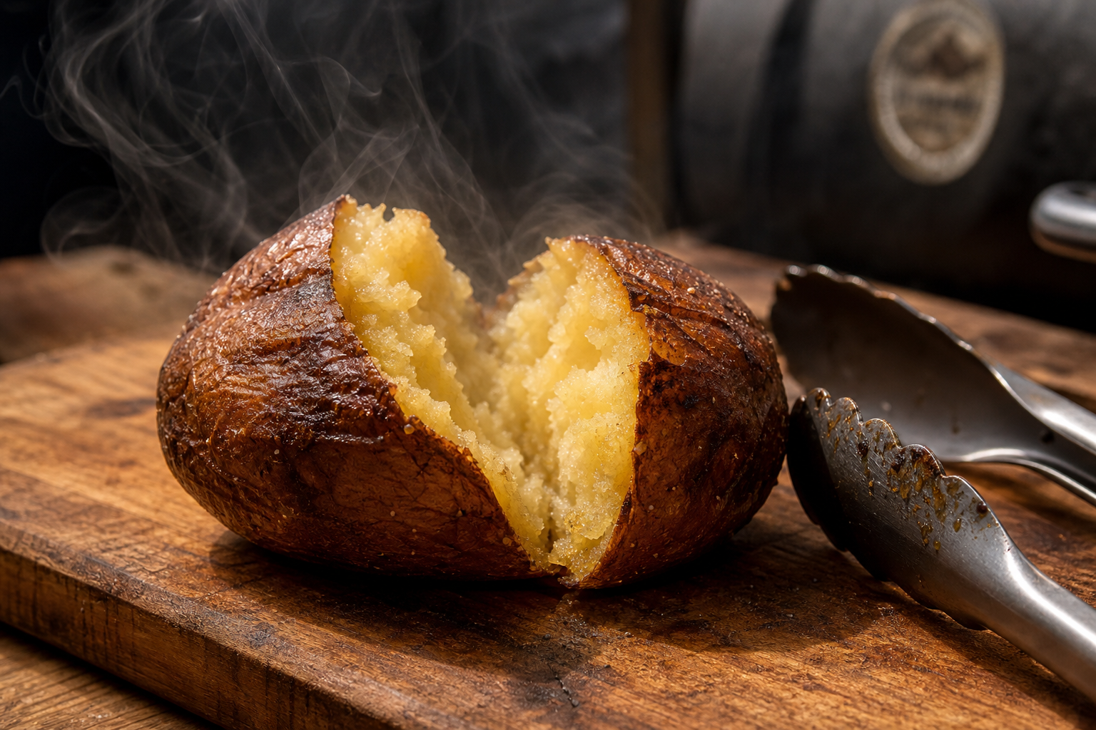 Twice-Smoked Loaded Baked Potatoes as a Cheap BBQ Side 7 A twice-smoked russet potato split open on a cutting board with smoke wisps and tongs nearby
