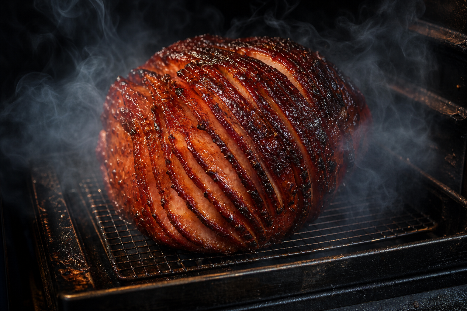 A glazed spiral ham smoking inside a smoker with visible wisps of smoke