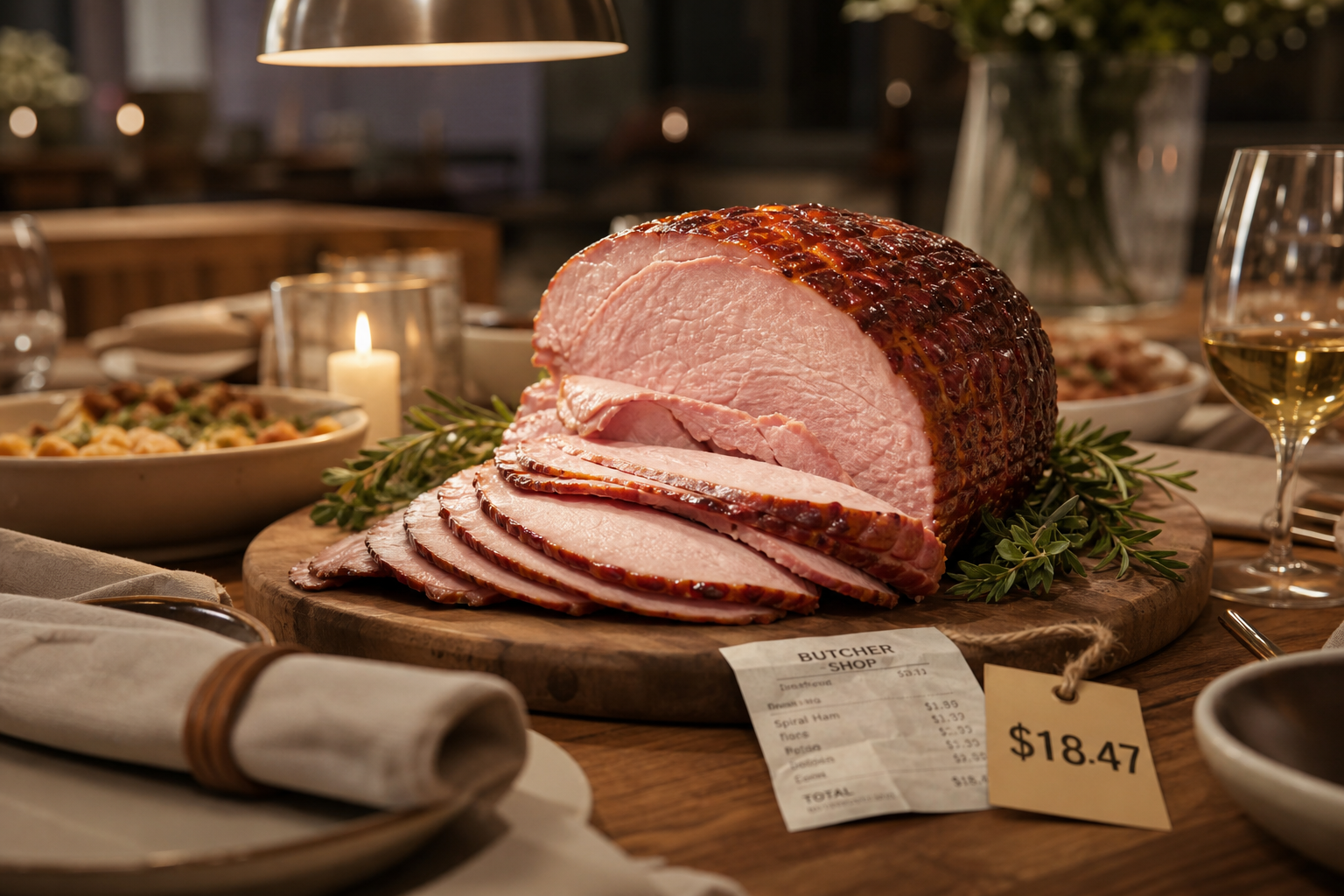 Picnic Ham vs Spiral Ham: Which Is the Better Value 11 Partially carved glazed ham on a wooden serving board at a styled dinner table with warm lighting