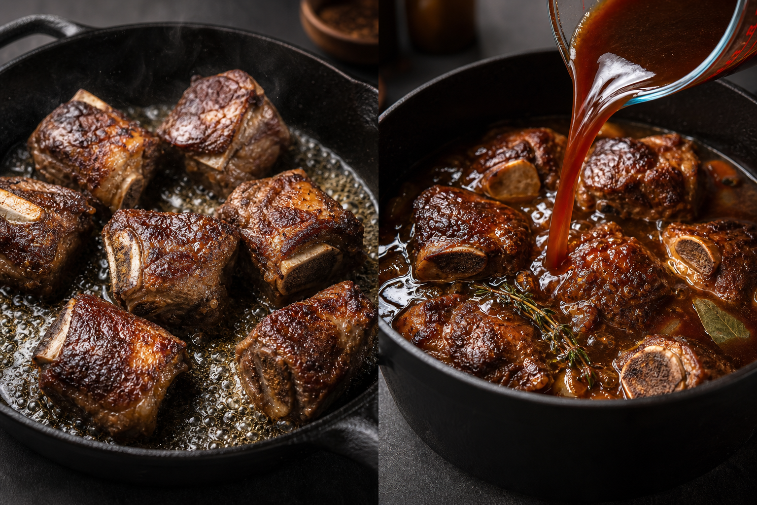 Beef neck bones being seared in cast iron skillet alongside braising liquid being added to pot