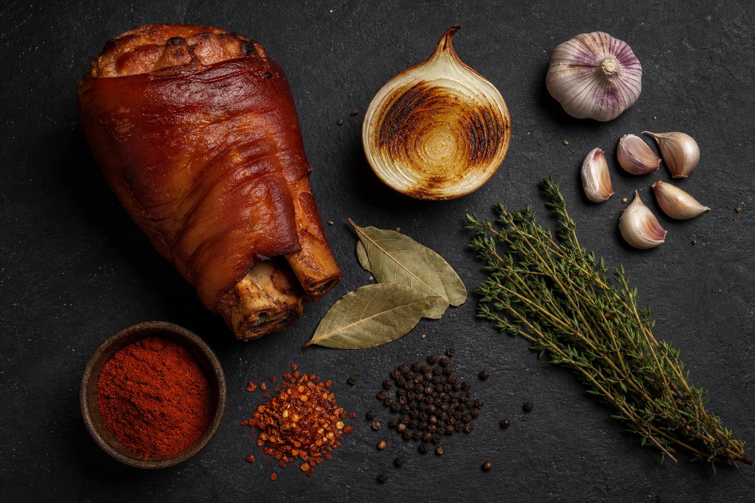 Smoked Ham Hocks for Cheap, Smoky Flavor in Beans and Greens 13 Flat lay of smoked ham hock surrounded by aromatic flavor-building ingredients on a dark slate surface