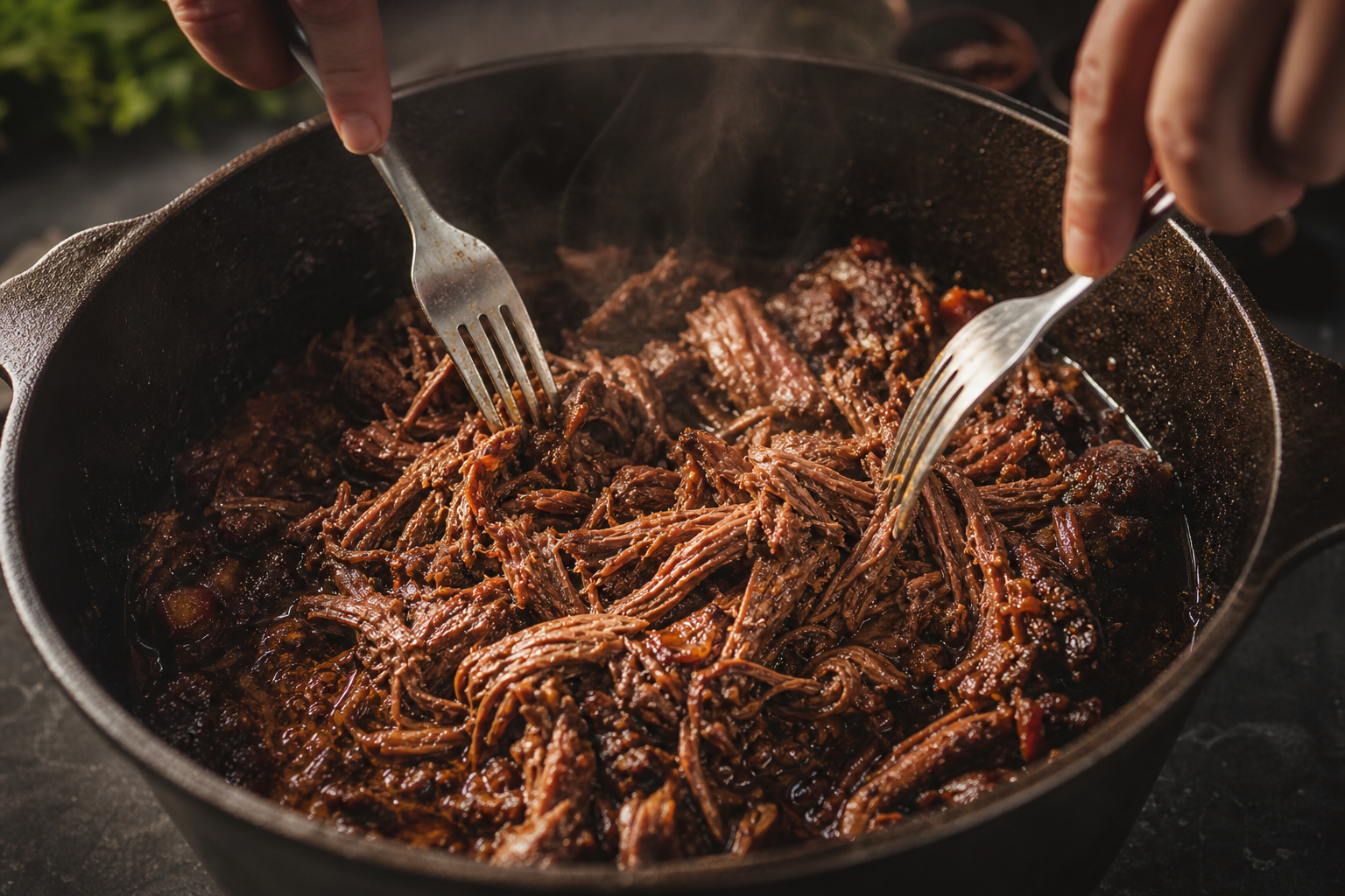 Tender smoked beef barbacoa being shredded with forks inside a cast iron Dutch oven