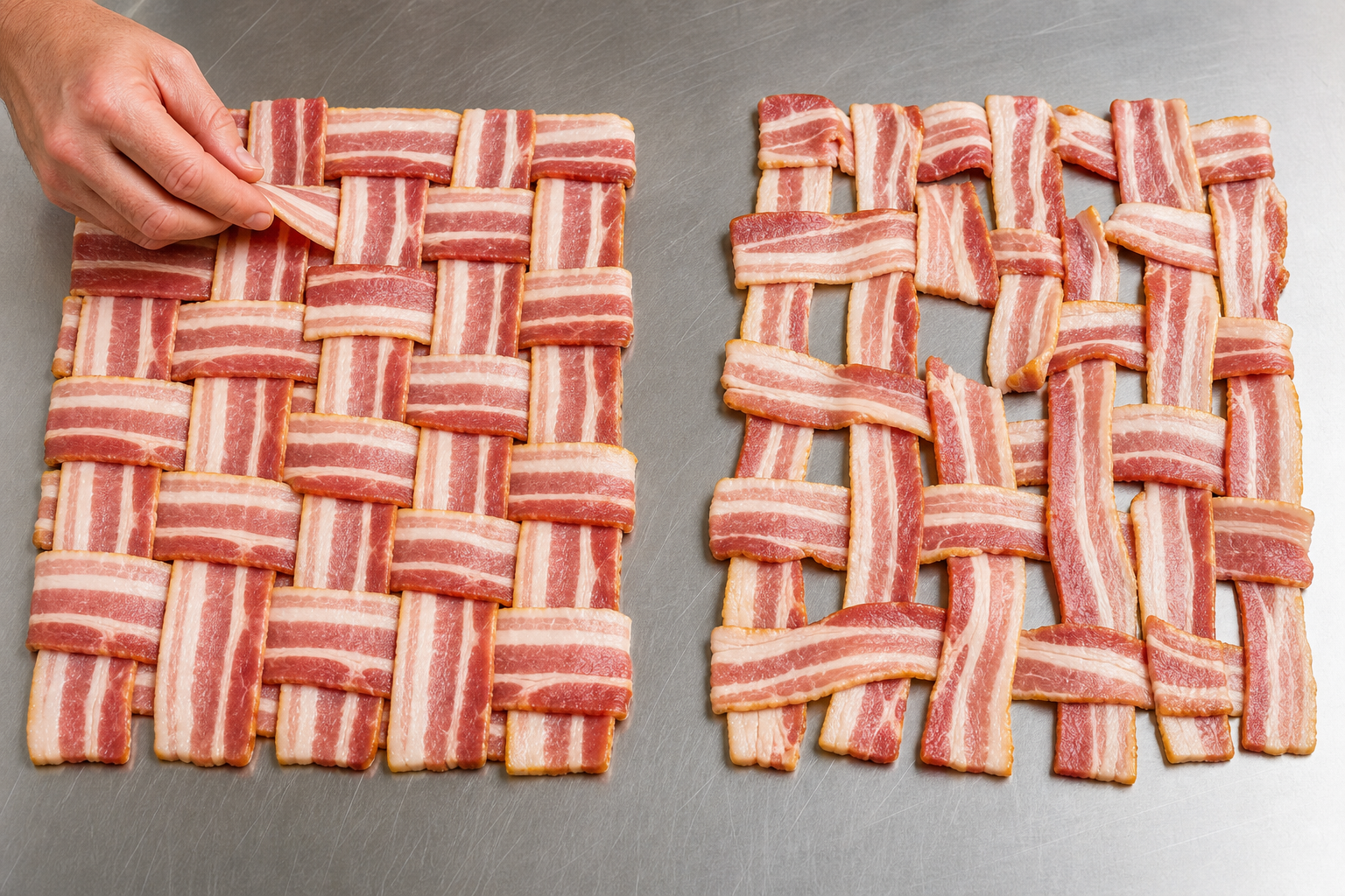 Side-by-side comparison of a tight perfect bacon weave versus a loose uneven bacon weave on a steel surface