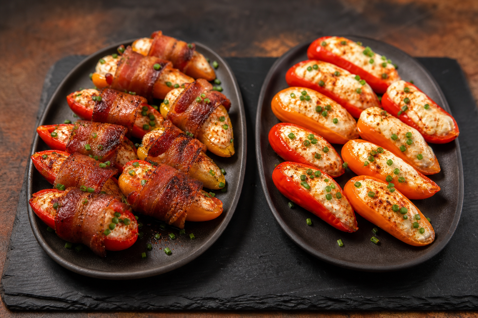 Two platters of stuffed mini peppers, one with bacon topping and one without