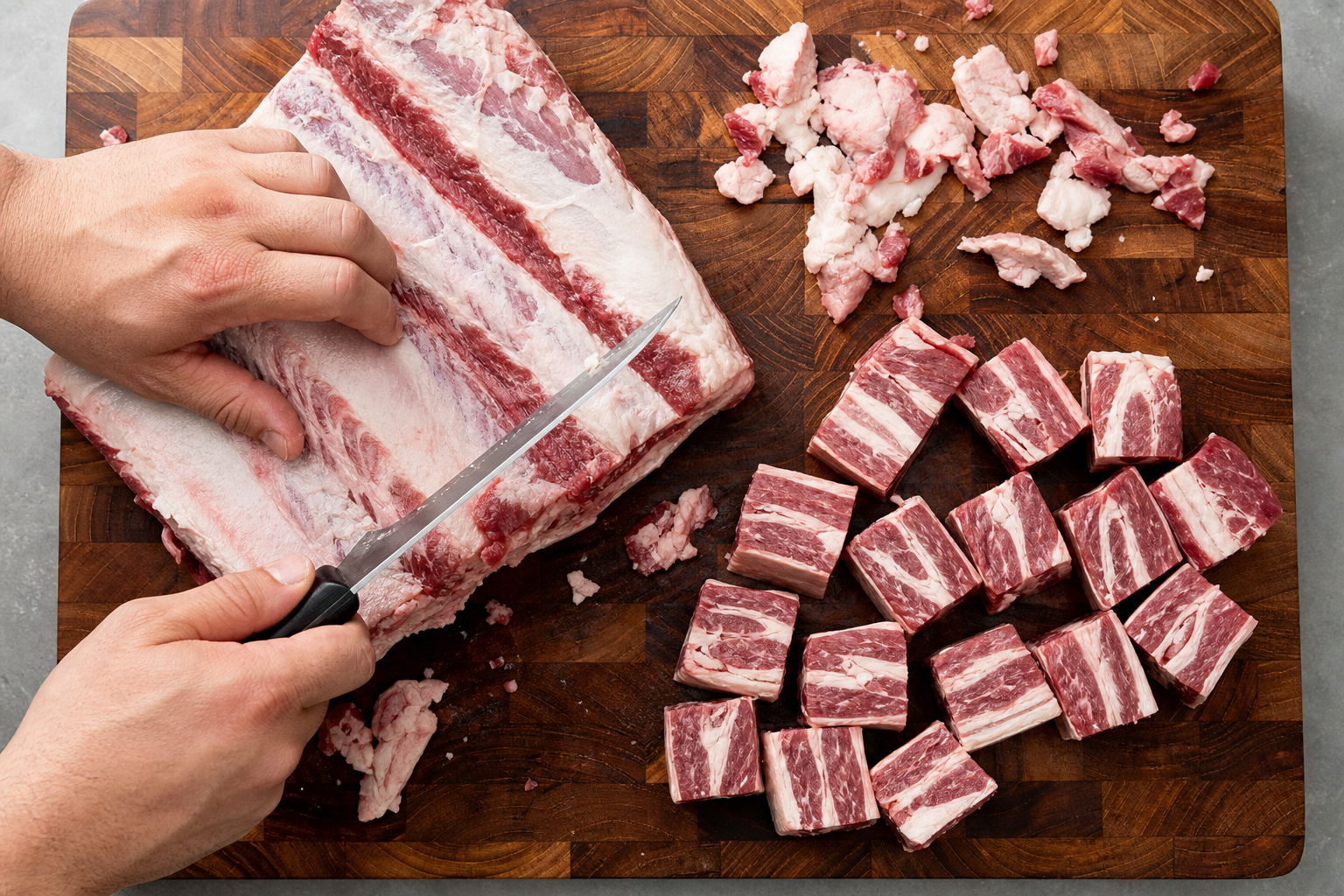 Hands trimming and cubing raw beef belly on a wooden cutting board