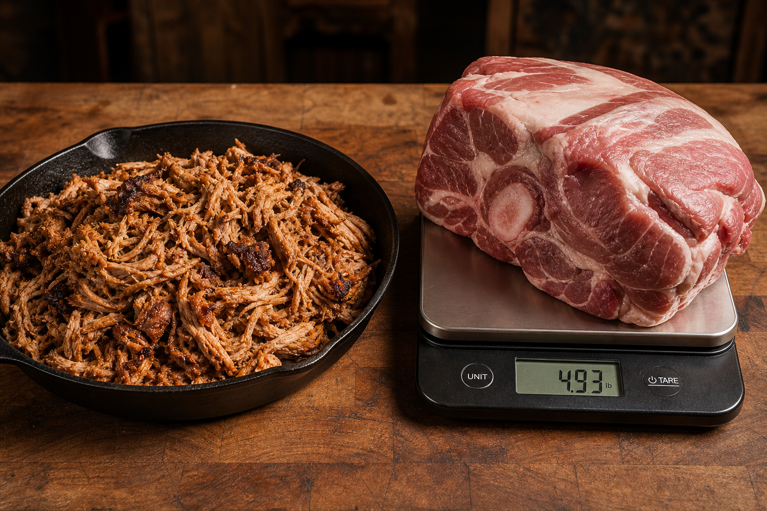 How to Choose a Pork Shoulder for the Best Pulled Pork Value 9 Raw pork shoulder on a kitchen scale next to a pan of finished pulled pork showing cooking yield