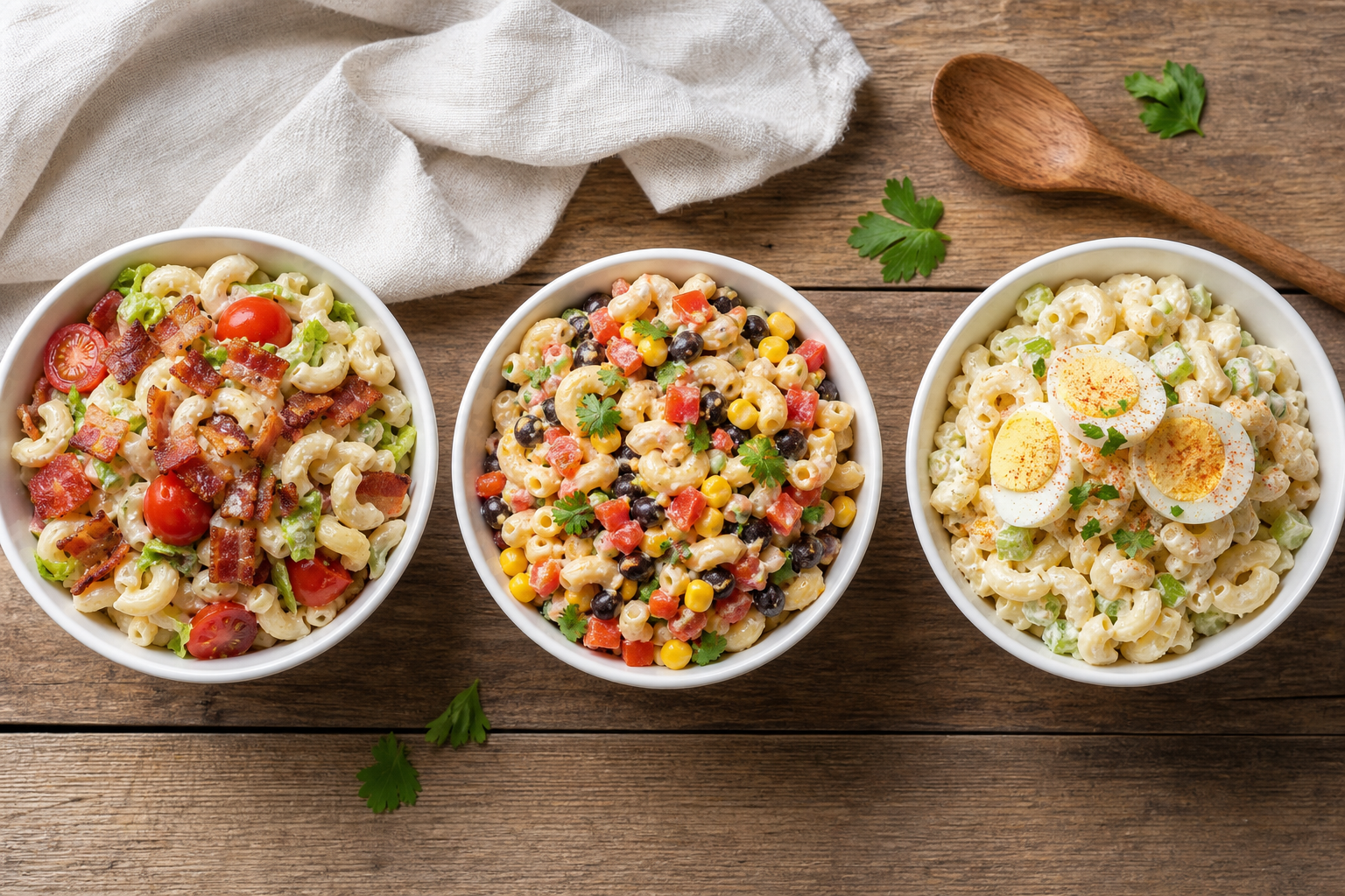 Three bowls showing different macaroni salad variations on a wooden table