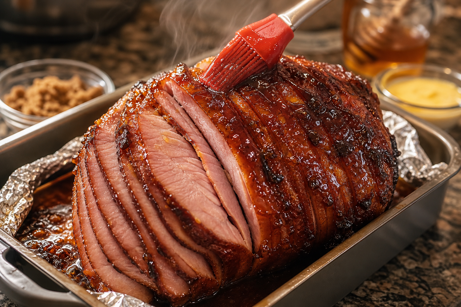 A spiral ham being brushed with honey glaze in a roasting pan