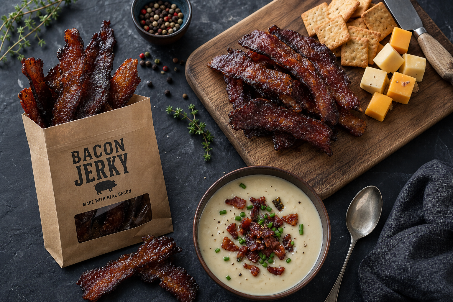 Bacon jerky displayed in multiple serving uses including a snack bag, charcuterie board, and soup topping