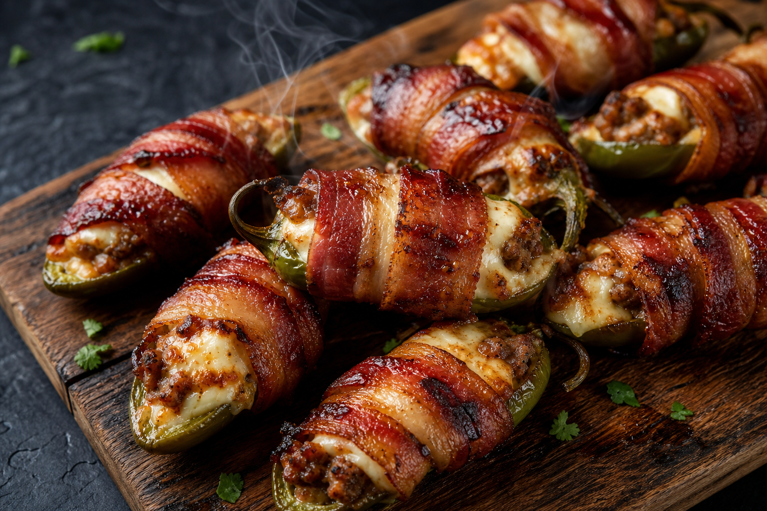 Smoked jalapeño poppers wrapped in crispy bacon on a rustic wooden board