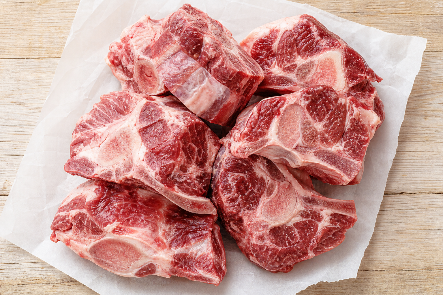 Raw beef neck bones arranged on white butcher paper showing meaty texture and marbling