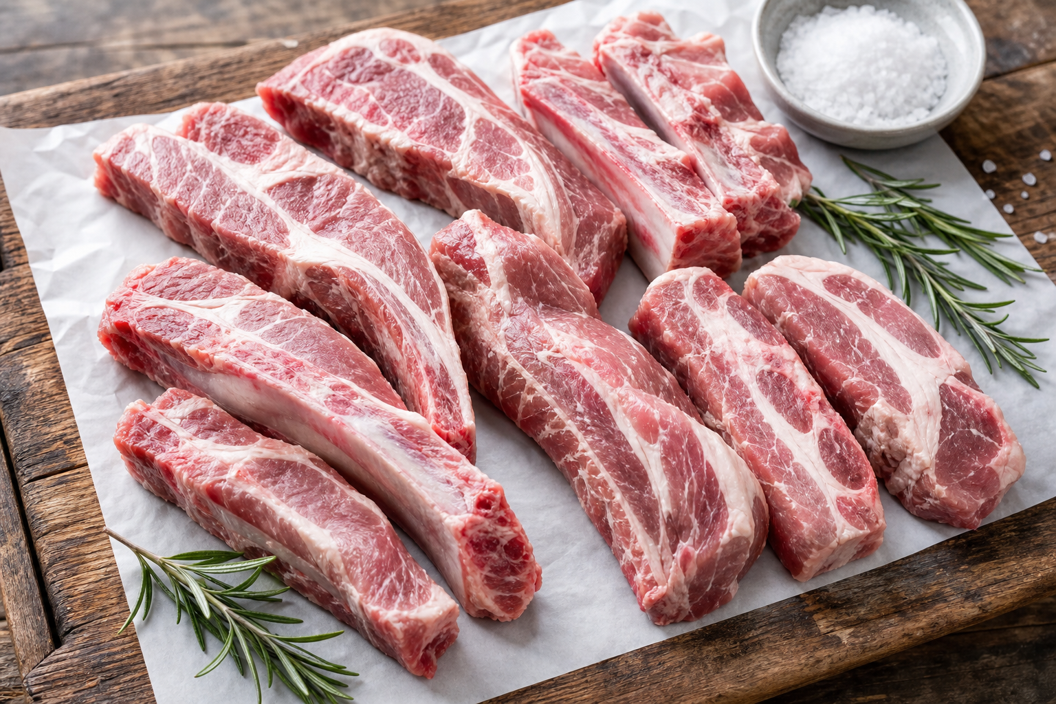 How to Cook Country-Style Ribs So They're Tender, Not Tough 9 Raw country-style pork ribs displayed on butcher paper over a wooden cutting board