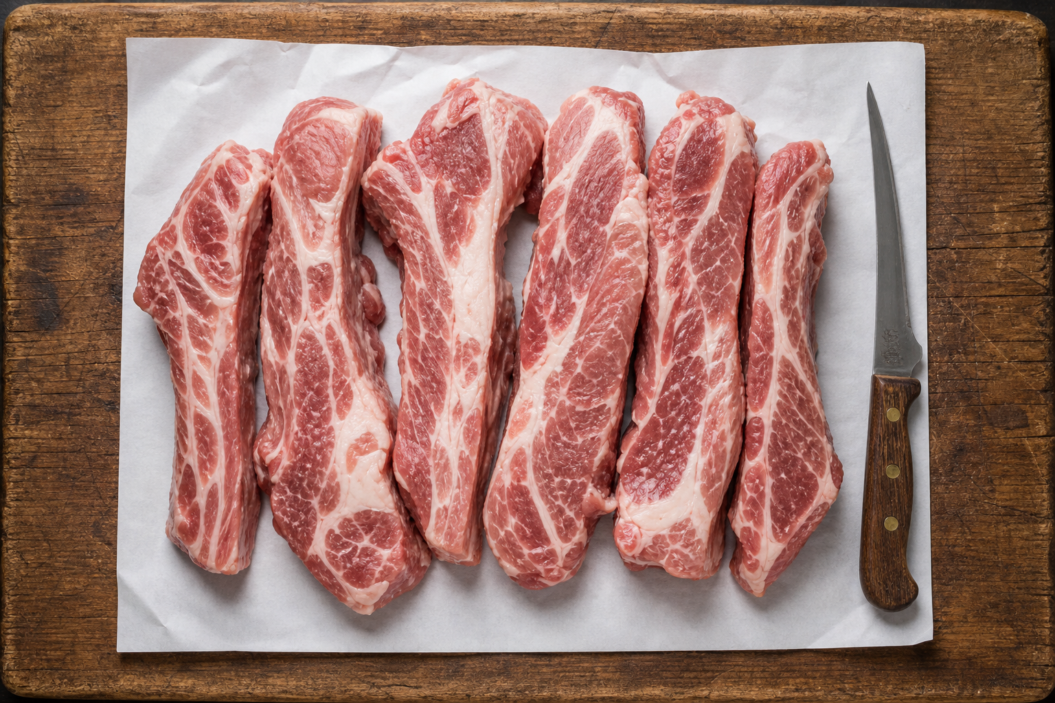 Raw country-style pork ribs on butcher paper showing their cut and marbling