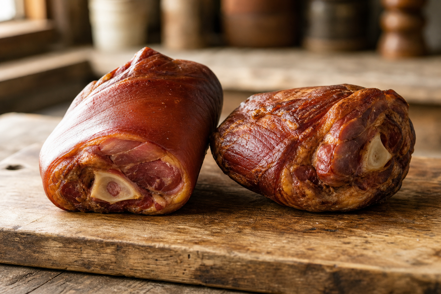 Smoked Ham Hocks for Cheap, Smoky Flavor in Beans and Greens 8 Two smoked ham hocks on a wooden cutting board showing their smoky skin and bone