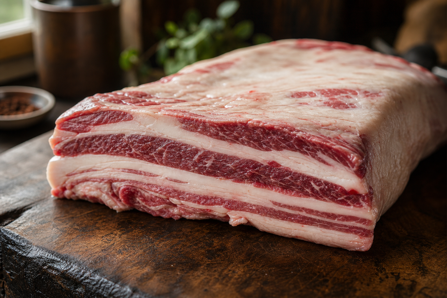 Raw beef belly slab showing fat and meat layers on a butcher block